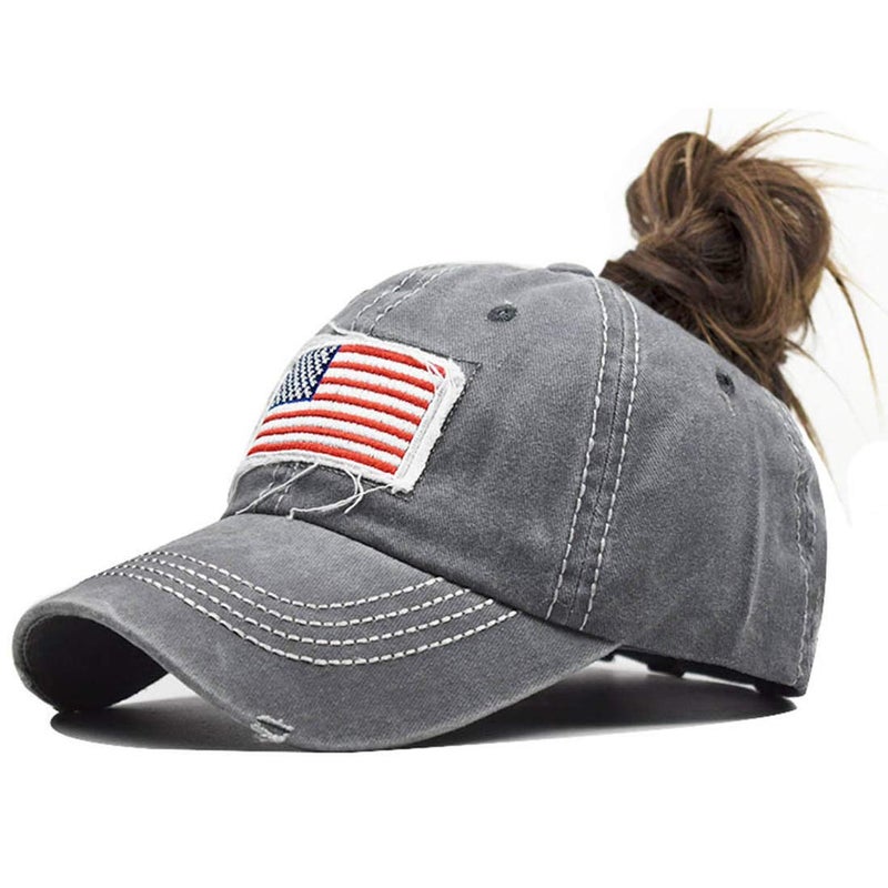 Pogah Distressed Ponytail Hat for Women American-Flag Pony Tail Caps High Bun Grey - Image 1